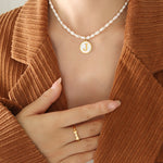 Exquisite 18K Gold Pearl Chain Necklace with Personalized Inlaid Gemstones and English Letters - QH Clothing
