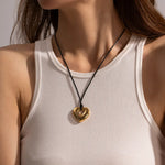 18K Gold Heart Pendant Necklace with Black Wax Rope - Exquisite Fashion and Light Luxury -  QH Clothing