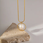 18K Gold Plated Geometric Necklace with Freshwater Pearl Pendant -  QH Clothing