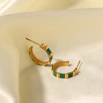 18k Gold Plated Stainless Steel Hoop Earrings with White Shell and Green Malachite Inlay -  QH Clothing