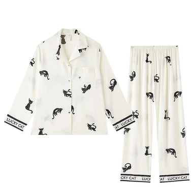 Autumn Long Sleeve Pajamas Herringbone Thread Ice Silk Pajamas Women Summer Cat Homewear Can Be Worn outside - Quality Home Clothing| Beauty