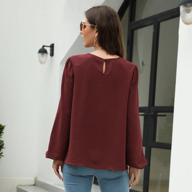 Autumn Solid Color Pullover Lantern Sleeve Chiffon Shirt Top - Quality Home Clothing| Beauty