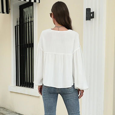 Autumn Winter Solid Color Pullover Lantern Sleeve Chiffon Shirt Top - Quality Home Clothing| Beauty