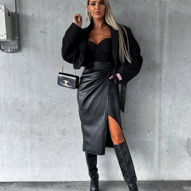 Autumn Winter Women Clothing Split Lace up High Waist Sexy Package Hip Punk Leather Skirt - Quality Home Clothing| Beauty