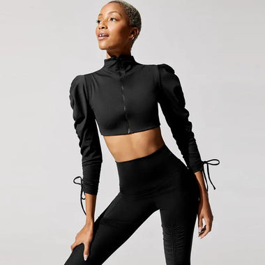 Yoga Suit Women Autumn Winter Top Bubble Long Sleeve Zipper Coat Sports Pants Fitness Suit - Quality Home Clothing| Beauty