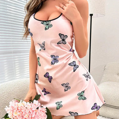 Cartoon Butterfly Suspender Dress Artificial Silk Sexy Backless Spaghetti Straps Nightdress Simple Ice Silk Silk Nightdress - Quality Home Clothing| Beauty
