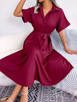 Summer Casual Loose Solid Color Tied Shirt Dress Maxi Dress Women Clothing - Quality Home Clothing| Beauty
