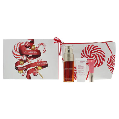 Clarins Skincare Gift Set 50ml Double Serum + 15ml Beauty Flash Balm + 5ml Lip Perfector - 01 Rose Shimmer + Pouch - Quality Home Clothing| Beauty