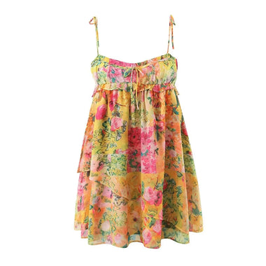 Early Spring Color Matching Floral Tie Neck Strap Dress Wooden Ear Dress - Quality Home Clothing| Beauty
