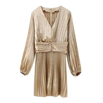 Winter Golden V neck Crumpled Waist Controlled Slimming Long Sleeve Dress Women  Dress - Quality Home Clothing| Beauty