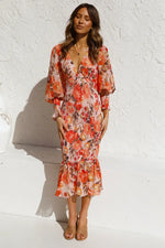 Spring Summer Office Women Elastic Waist Long Sleeve V neck Printed Flounced  Dress - Quality Home Clothing| Beauty