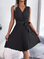 Spring Summer Elegant Cross V neck Sleeveless Cinched Pleated Dress Women Clothing - Quality Home Clothing| Beauty