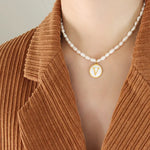 Exquisite 18K Gold Pearl Chain Necklace with Personalized Inlaid Gemstones and English Letters -  QH Clothing