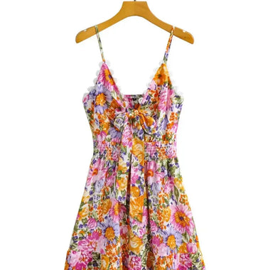 New Chest Bow Print Dress Fresh Sweet Women Clothing High Waist Backless Slim Fit A- line Dress Floral Burst - Quality Home Clothing| Beauty
