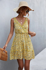 Spring Summer V-neck Lace-up Ruffled Floral Strap Dress - Quality Home Clothing| Beauty