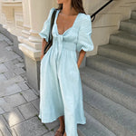 Summer French Elegant Dress Sexy Low Cut V neck Puff Sleeve High Waist Cotton Linen Dress - Quality Home Clothing| Beauty
