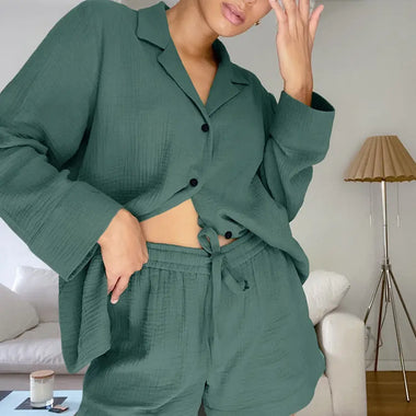 ​Green Cotton Gauze Pajama Set -  QH Clothing
