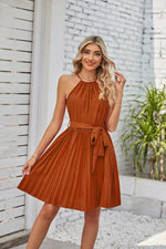 Summer Women Clothing Halter Lace Up Sleeveless Pleated Mini Dress - Quality Home Clothing| Beauty