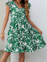 Summer Popular Leaf Printed Dress V Neck Ruffled Sleeve Casual Holiday Dress - Quality Home Clothing| Beauty