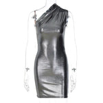 Metallic Coated fabric Women Clothing Autumn Sexy Slim Solid Color Shoulder Sleeveless Sheath Dress - Quality Home Clothing| Beauty