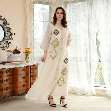 Muslim Cotton Linen Four Sides Sequin Embroidery Floral  Skin Color Loose Version Gown - Quality Home Clothing| Beauty
