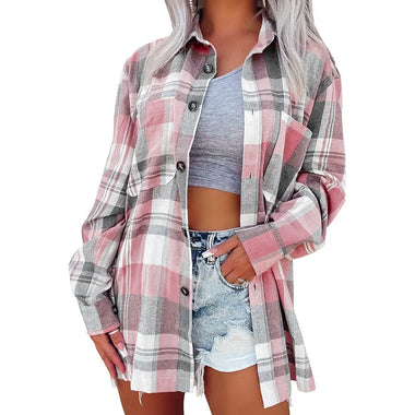 Pink Plaid Button Pocket Shirt Women Collared Long Sleeve Shirt - Quality Home Clothing| Beauty