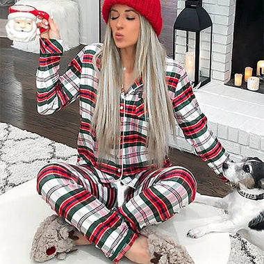 Popular Women Clothing Christmas Striped Printed Long Sleeves Pajamas Home Wear Casual Suit - Quality Home Clothing| Beauty