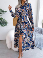 Spring Summer Retro Floral Collared Tied Shirt Dress Maxi Dress Women Clothing - Quality Home Clothing| Beauty