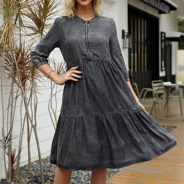 Women  Round Neck Zipper Large Pleated Do The Old Cowboy Dress Mid Length Cropped Denim Dress - Quality Home Clothing| Beauty
