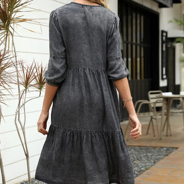 Women  Round Neck Zipper Large Pleated Do The Old Cowboy Dress Mid Length Cropped Denim Dress - Quality Home Clothing| Beauty