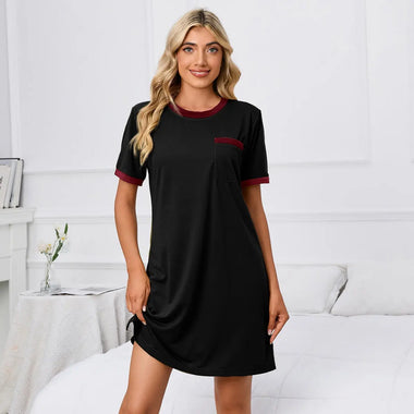 Short Sleeve Solid Color Loose T Shirt Round Neck Pajamas Dress - Quality Home Clothing| Beauty