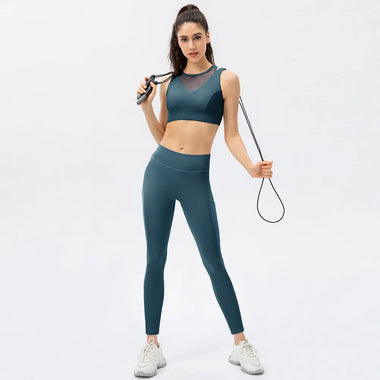 Women Yoga Suit Buckle Sports Bra Nude Feel  Line Tight Trousers Running Training Fitness Two Piece Set - Quality Home Clothing| Beauty