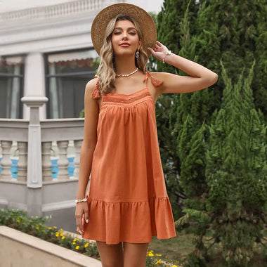 Summer Solid Color Stitching Lace Lace-up Tassel Cami Babydoll Dress for Women - Quality Home Clothing| Beauty