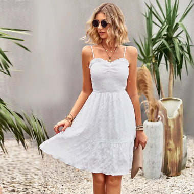 Women Dress Spring Summer Girl Solid Color Wide Hem Mid Length Dress Holiday - Quality Home Clothing| Beauty