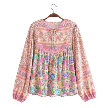 Spring Positioning Printing Patchwork Top Ethnic Vacation Long Sleeve Rayon Shirt Women - Quality Home Clothing| Beauty