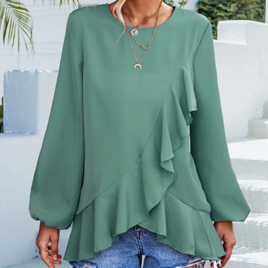 Spring Summer Solid Color Ruffles Lantern Sleeve Irregular Asymmetric Top - Quality Home Clothing| Beauty