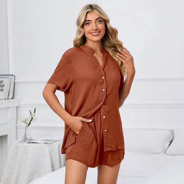 Spring Summer Solid Color V neck Loose Button T shirt Shorts Home Casual Suit - Quality Home Clothing| Beauty