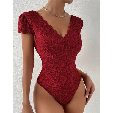 Summer Solid Color Lace See through Deep V Plunge neck Backless Niche Design Jumpsuit - Quality Home Clothing| Beauty