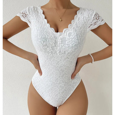 Summer Solid Color Lace See through Deep V Plunge neck Backless Niche Design Jumpsuit - Quality Home Clothing| Beauty