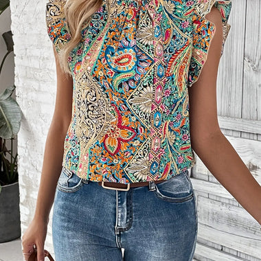 Summer Women  Retro Ethnic Printed Short Sleeved Top Butterfly Sleeve - Quality Home Clothing| Beauty