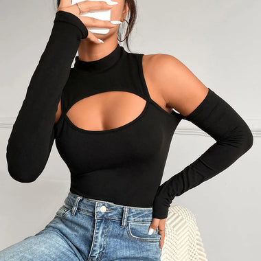 Tight Sexy Topless Bottoming Shirt Irregular Asymmetric Hollow-out Long Sleeve Slim off-the-Shoulder Bodysuit - Quality Home Clothing| Beauty