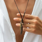 Vintage Fashion Leather Chain with Feather and Cross Design Versatile Pendant Necklace -  QH Clothing