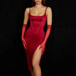 Women  Clothes Sexy Satin Square Collar High Slit Backless Hip Spaghetti Straps Midi Dress - Quality Home Clothing| Beauty