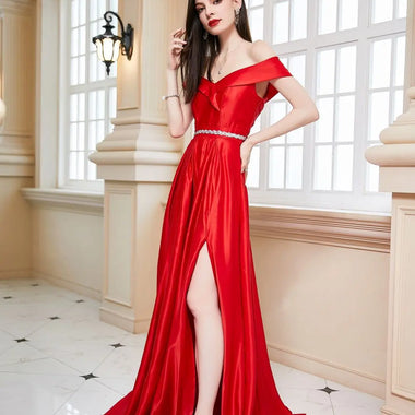 Women  Clothing Dress Dress Sexy off the Shoulder Large Slit Red Cocktail Dress Bridesmaid Dress - Quality Home Clothing| Beauty