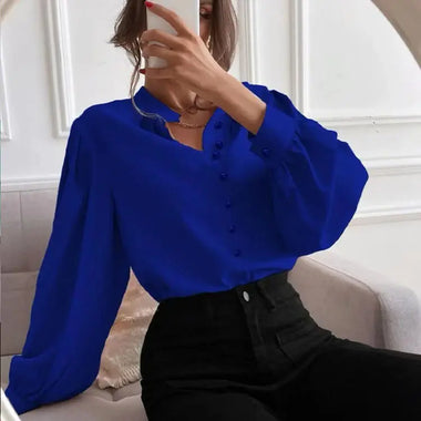 Women  Shirt Autumn Elegant Solid Color Collared Long Sleeve Single Row Button Loose Women Top - Quality Home Clothing| Beauty